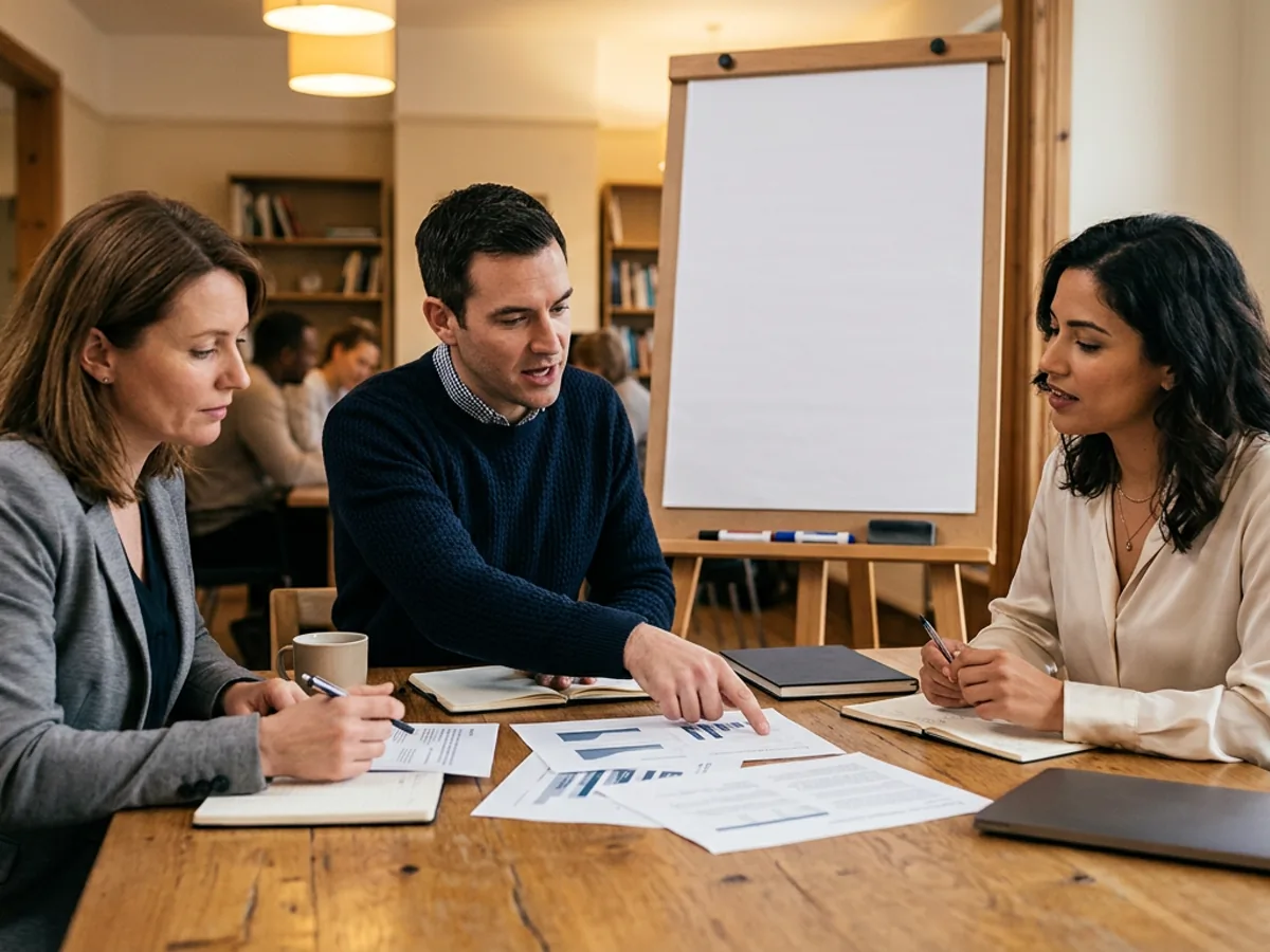 Zespół przygotowuje materiały edukacyjne o ubezpieczeniu, plansze i notatki na stole, zdjęcie 1200 na 900 pikseli