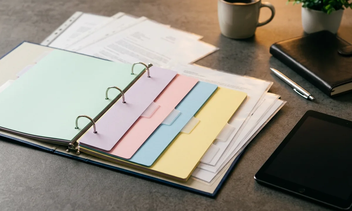 Pakiet dokumentów przed rozmową z agentem: segregator i etykiety, miniatura 1200 na 720 pikseli