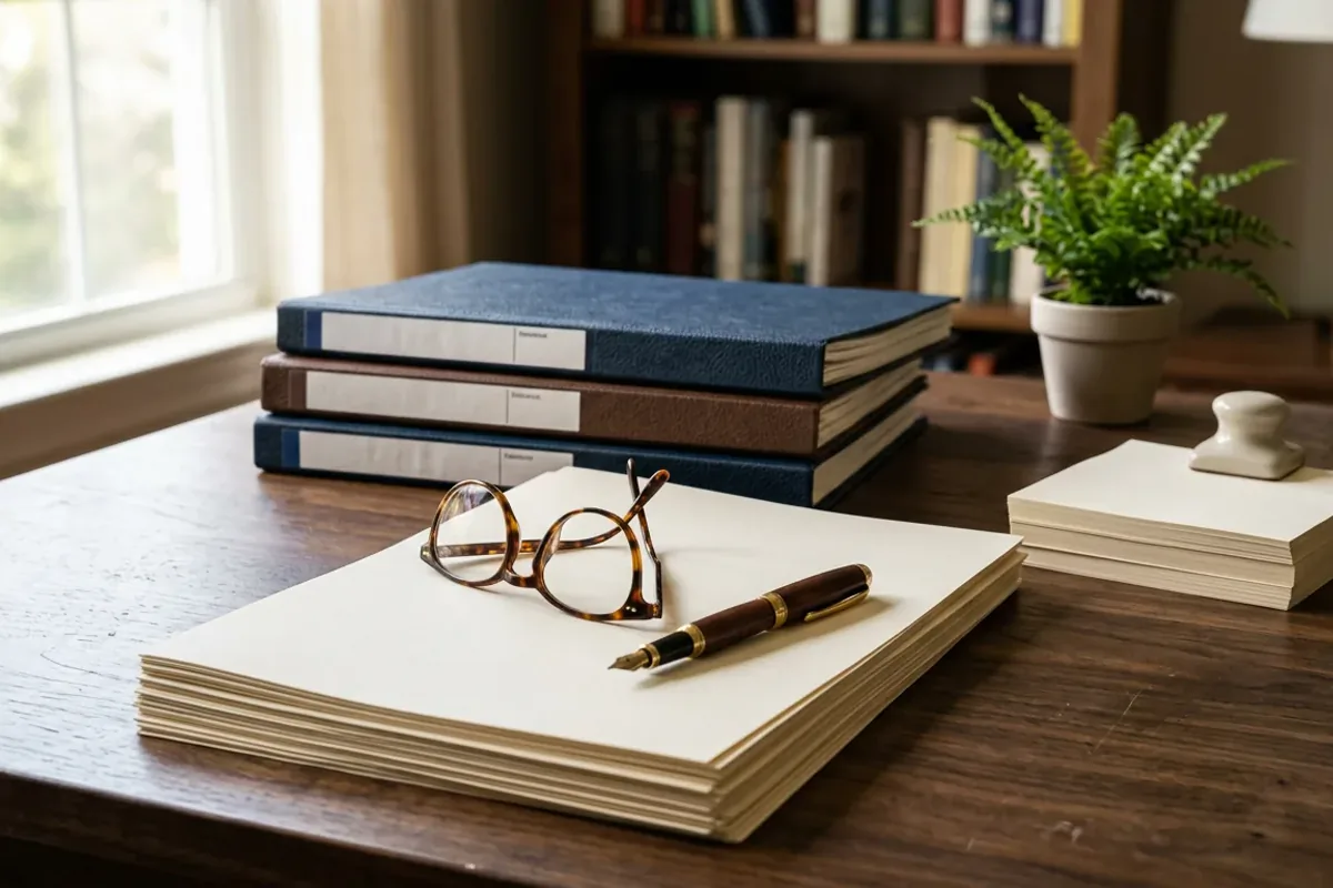 Ilustracja sekcji: dokumenty polisy i notatki na biurku, obraz 1200 na 800 pikseli, spokojne światło, temat RoutineWayground